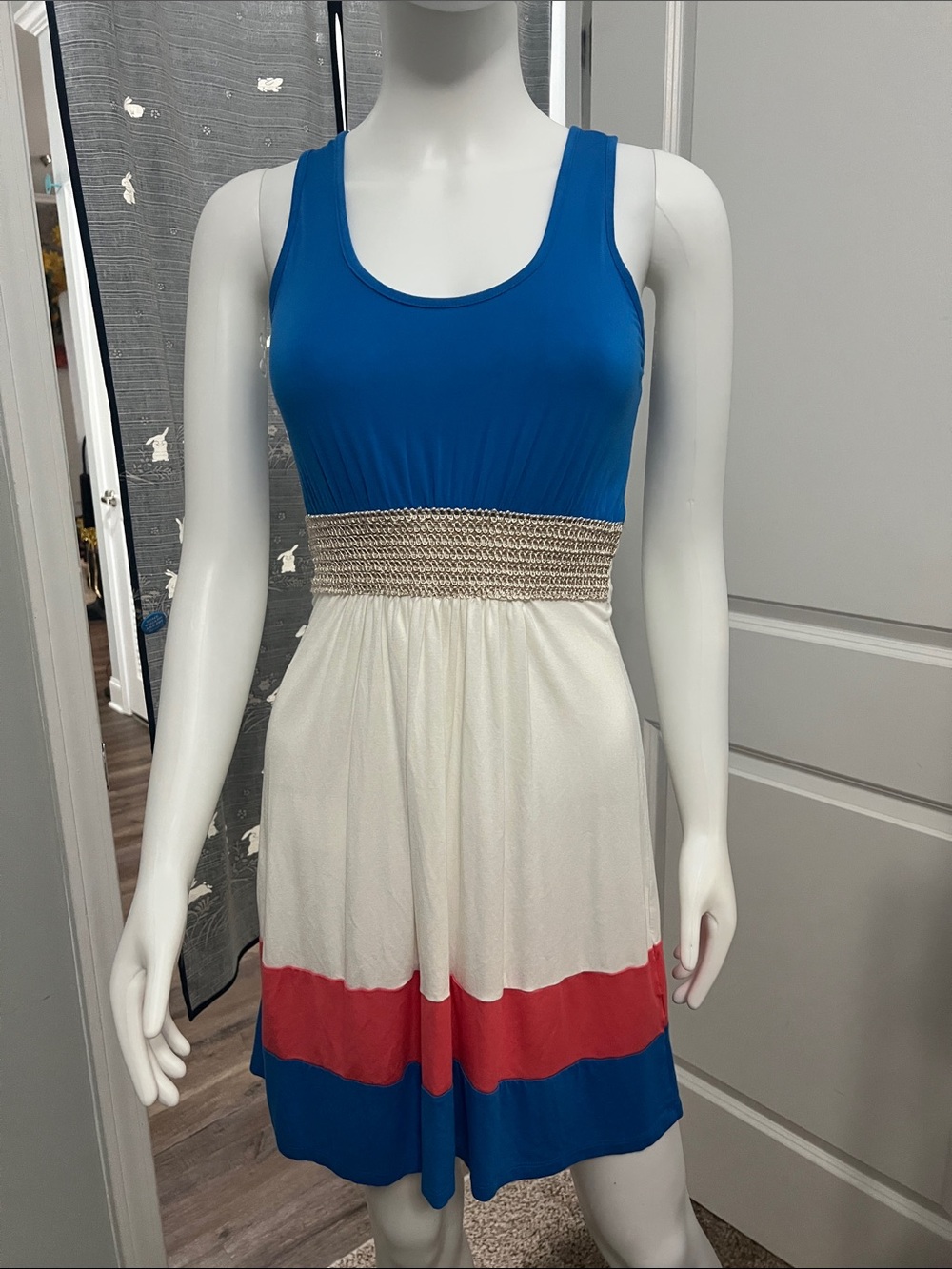 Blue, White & Red Colorblock Smocked Waist Mini Dress